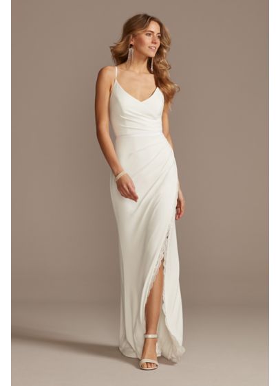 Ruched Spaghetti Strap Jersey Dress with Lace Slit - Sleek, simple, and sexy, this slinky stretch jersey